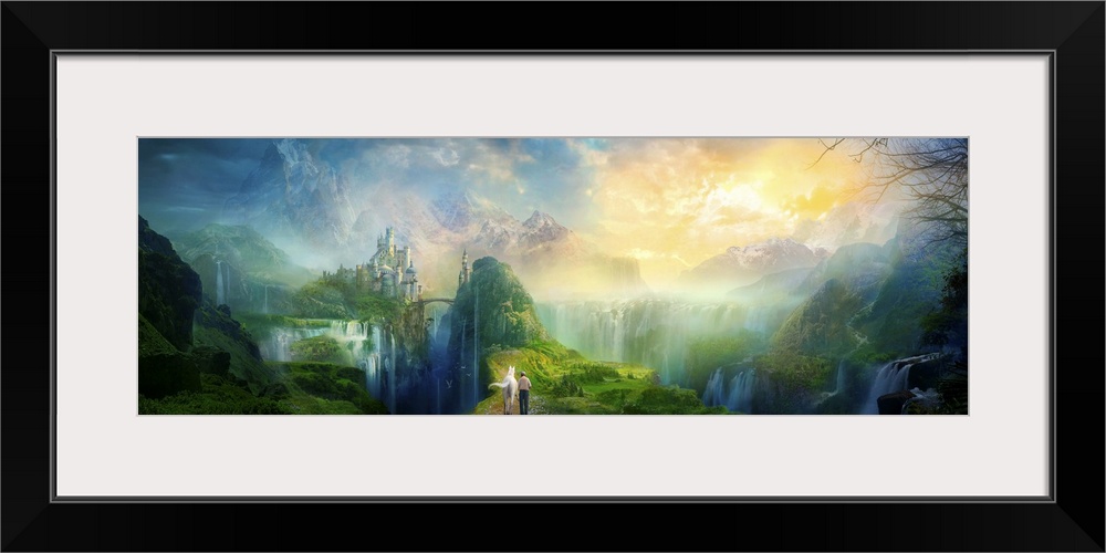 Fantasy artwork of man walking a white horse through a magical and serene looking valley, with endless waterfalls and a ca...