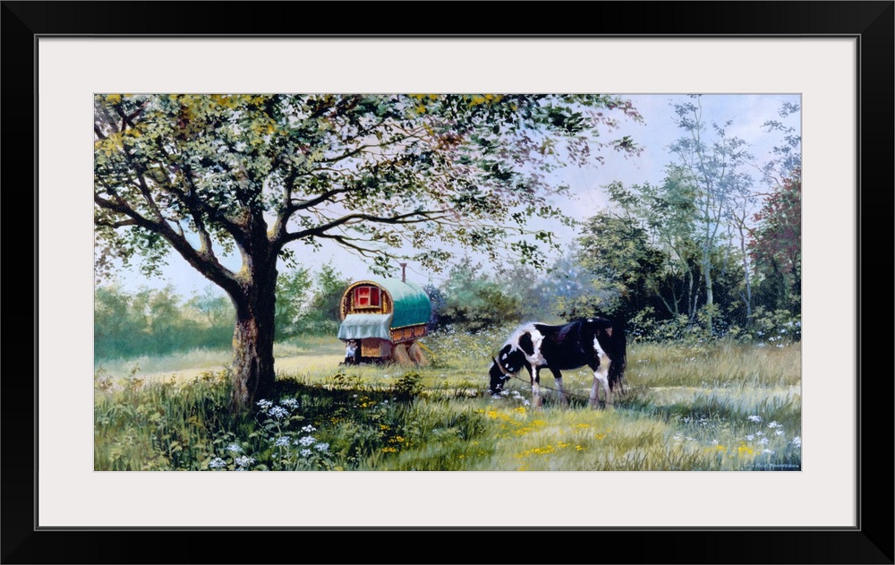 Contemporary painting of a black and white horse grazing on lush greens near a gypsy train car.