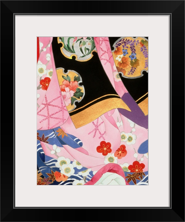 Contemporary colorful and lavish looking Asian artwork. With different colored fabric patterns.