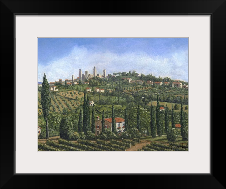 Contemporary artwork of an European valley scattered with villages, home and vineyards.