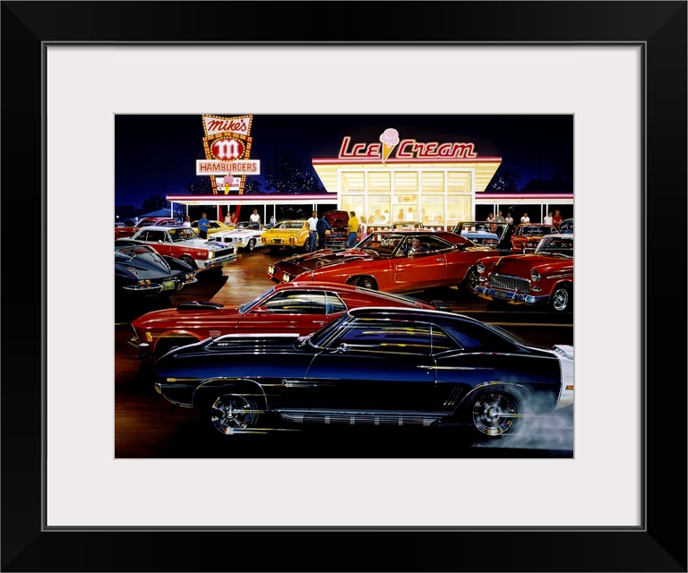 This decorative art is a painting of vintage muscle cars racing and parked outside a retro drive-in restaurant.