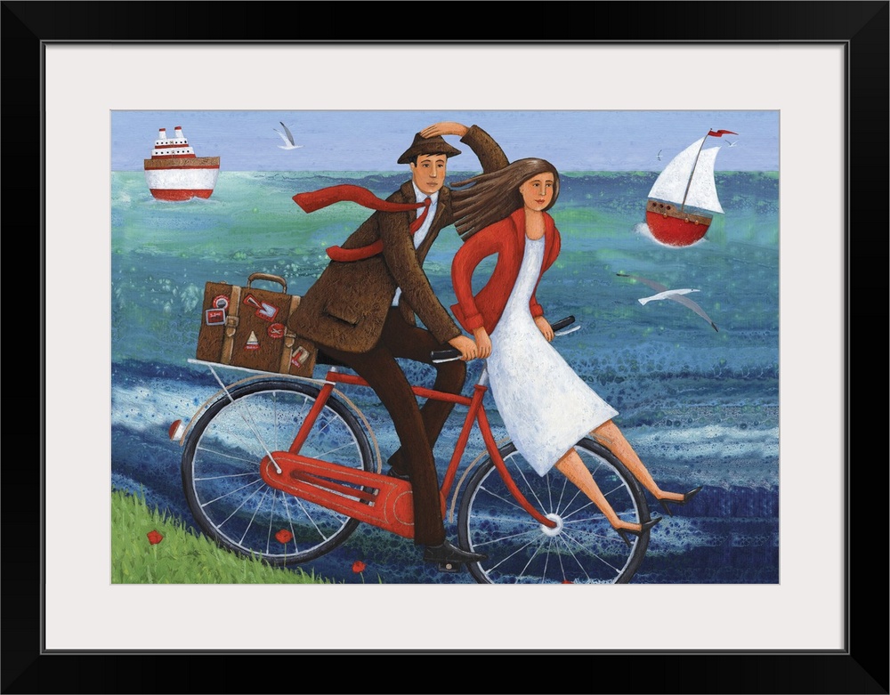 Contemporary painting of a woman sitting on the handle bars of a red bike while a man pedals it.