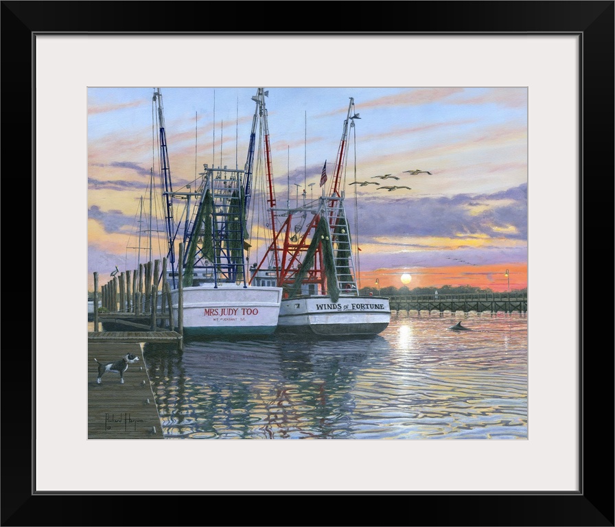 Contemporary artwork of two fishing oats sitting in a harbor at sunset.