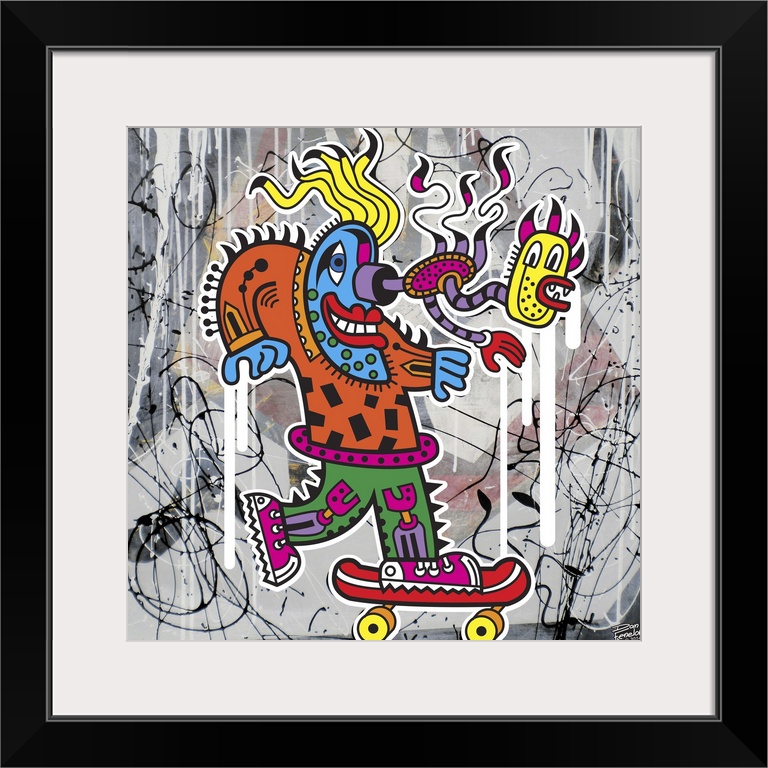 Contemporary painting of a colorful and decorative monster riding a skateboard against an abstract background.