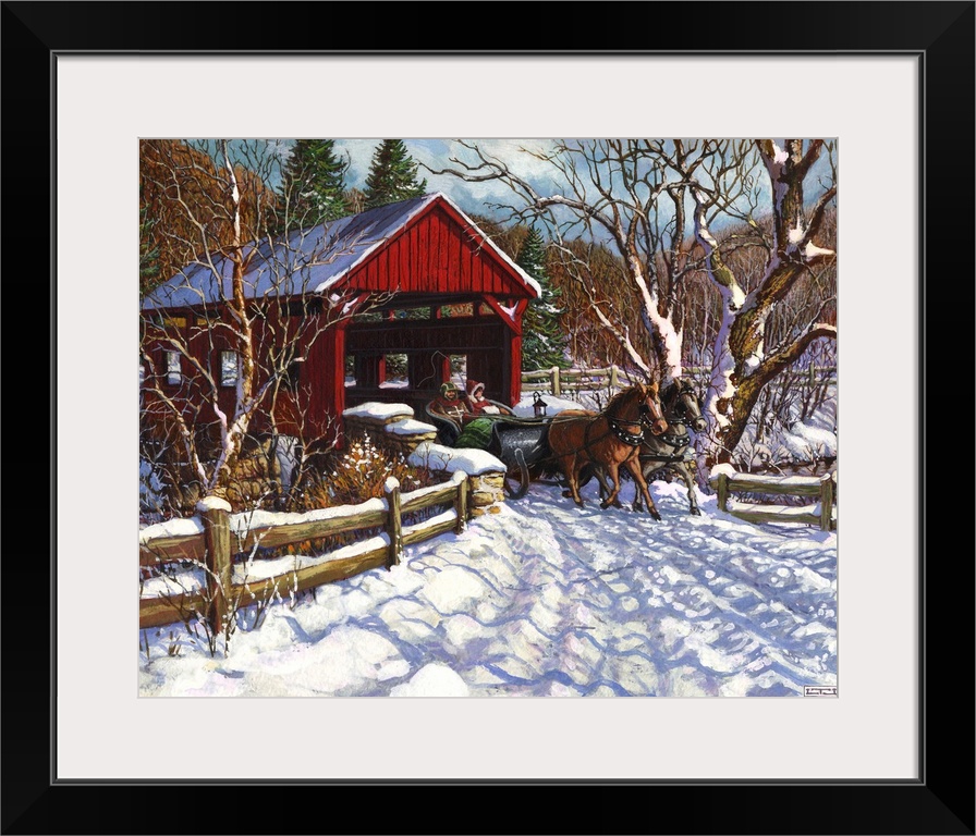 A New England winter sleigh scene with covered bridge.