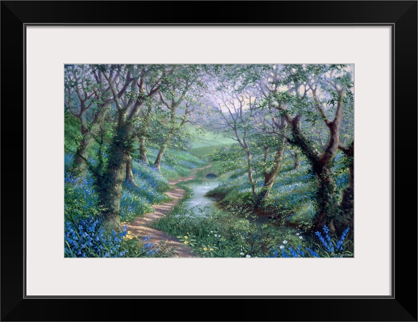 Contemporary painting of winding path through lush forest.