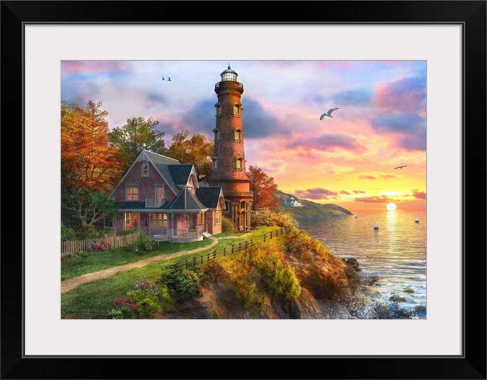 Illustration of the lighthouse overlooking an ocean at sunset.