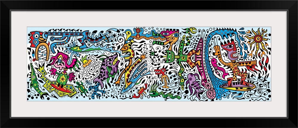 Contemporary mural artwork of monsters and other abstract figures in a confusion of colors and patterns.