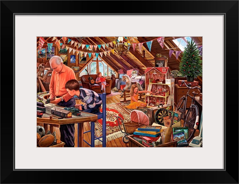 Grandad and his Grandson playing trains whilst the granddaughters are reading and playing with a dolls house.