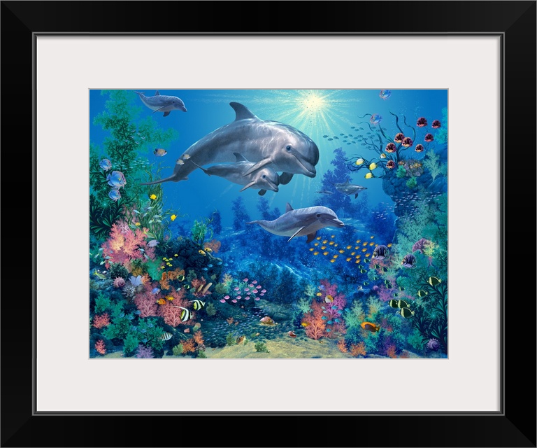 Artwork created of the ocean wildlife with a family of dolphins and different species of fish swimming all around. Colorfu...