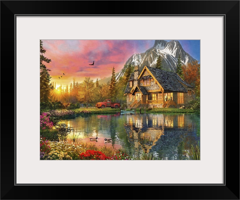 Illustration of a mountain cabin surrounded by snow capped mountains.