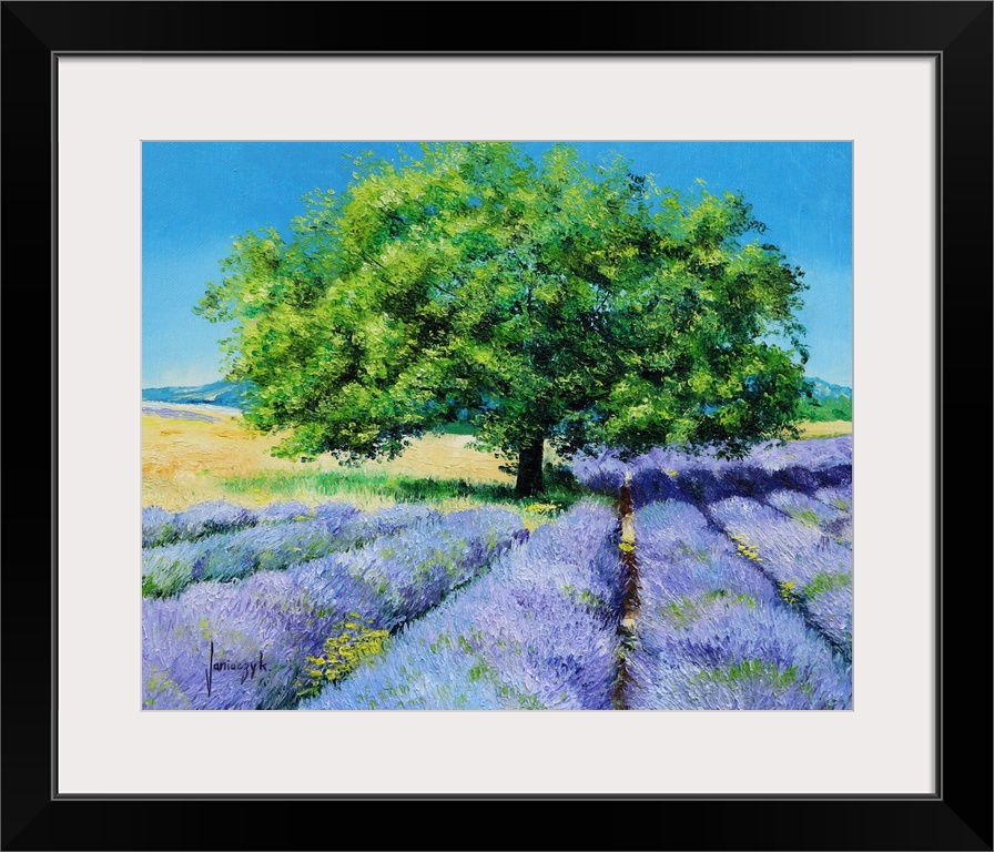 Contemporary painting of a rural field of lavender crops.