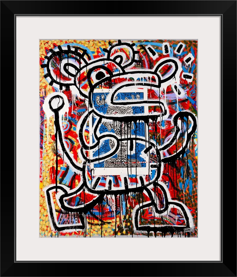 Contemporary abstract painting of a mouse like figure in an urban art spray can style.