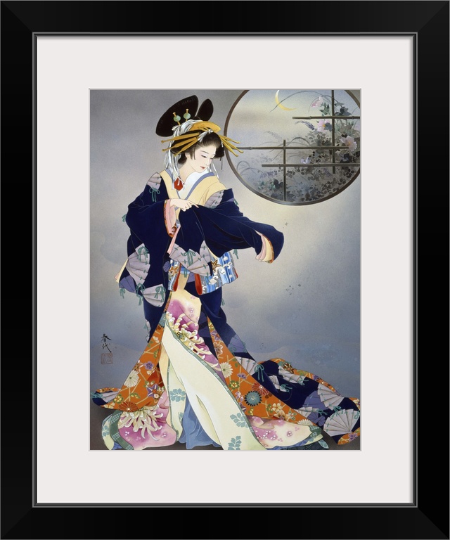 Contemporary colorful Asian art of a Geisha in beautiful ornate clothing.