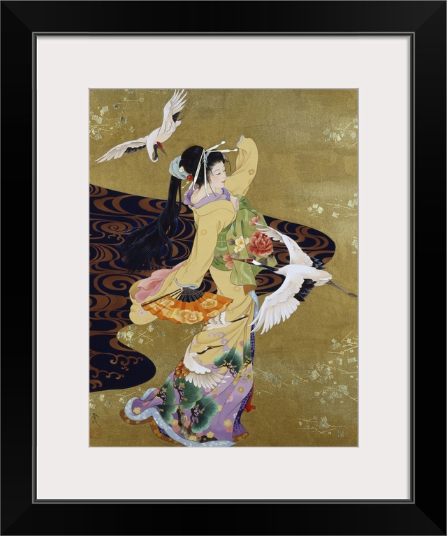 Contemporary colorful Asian art of a Geisha in beautiful ornate clothing.