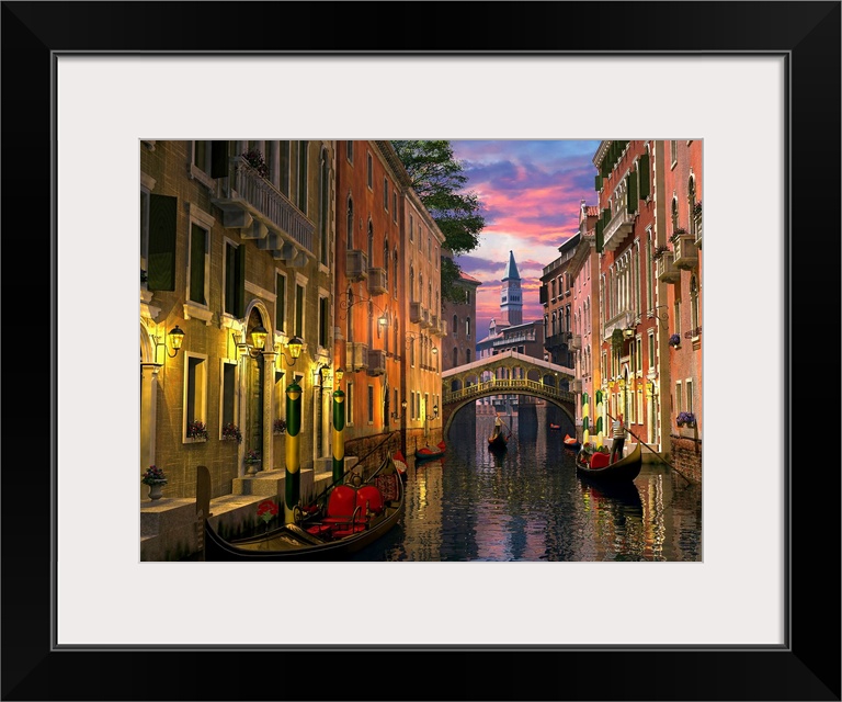 A photograph of a quiet, historic canal filled with gondolas maneuvering in the twilight on this oversized wall art picture.