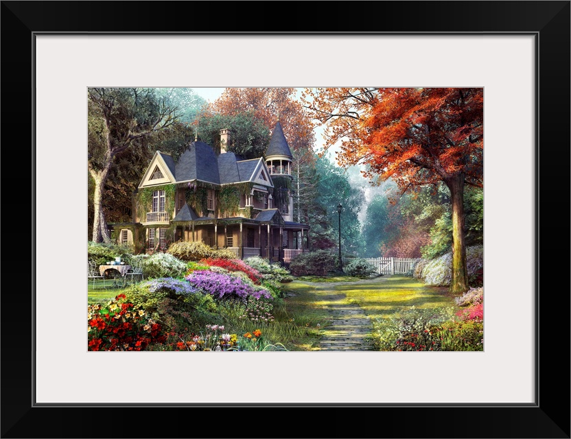 Painting on canvas of a big house with a beautiful garden surrounding it.