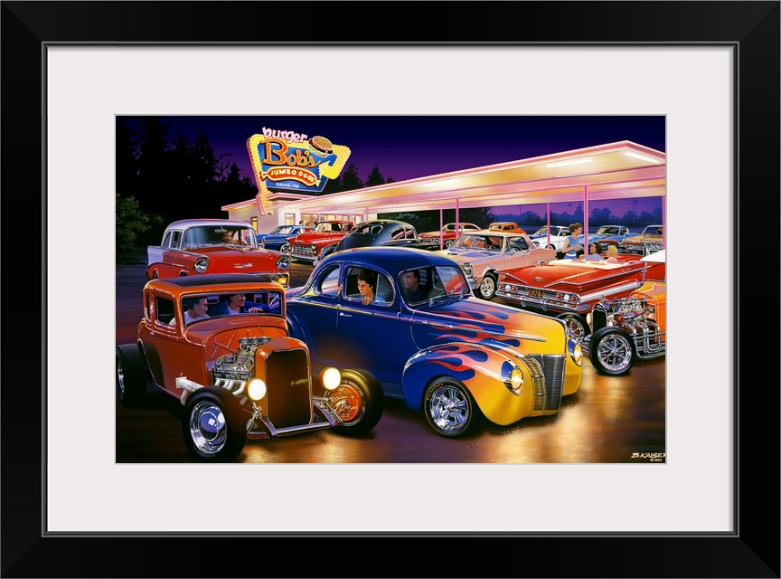 A painting of classic American muscle cars like 1932 Ford Coupe, 1940 Ford Coupe, 1956 Chevy, 1965 Pontiac GTO, and 1960 C...