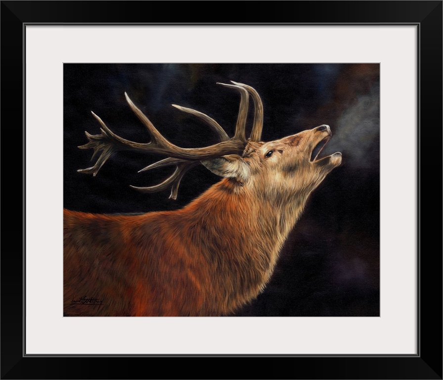 Contemporary painting of male deer bellowing into the cold air.