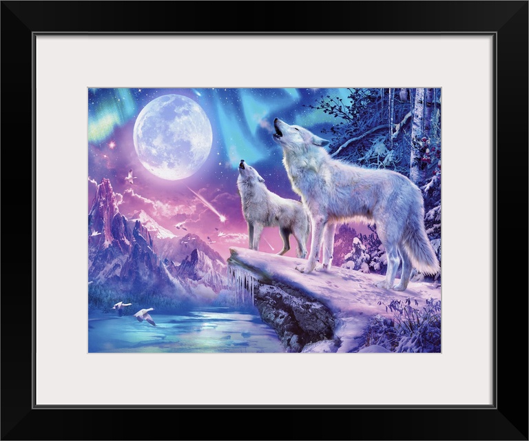 Illustration of two wolves howling at the full moon in a snowy mountain scene.