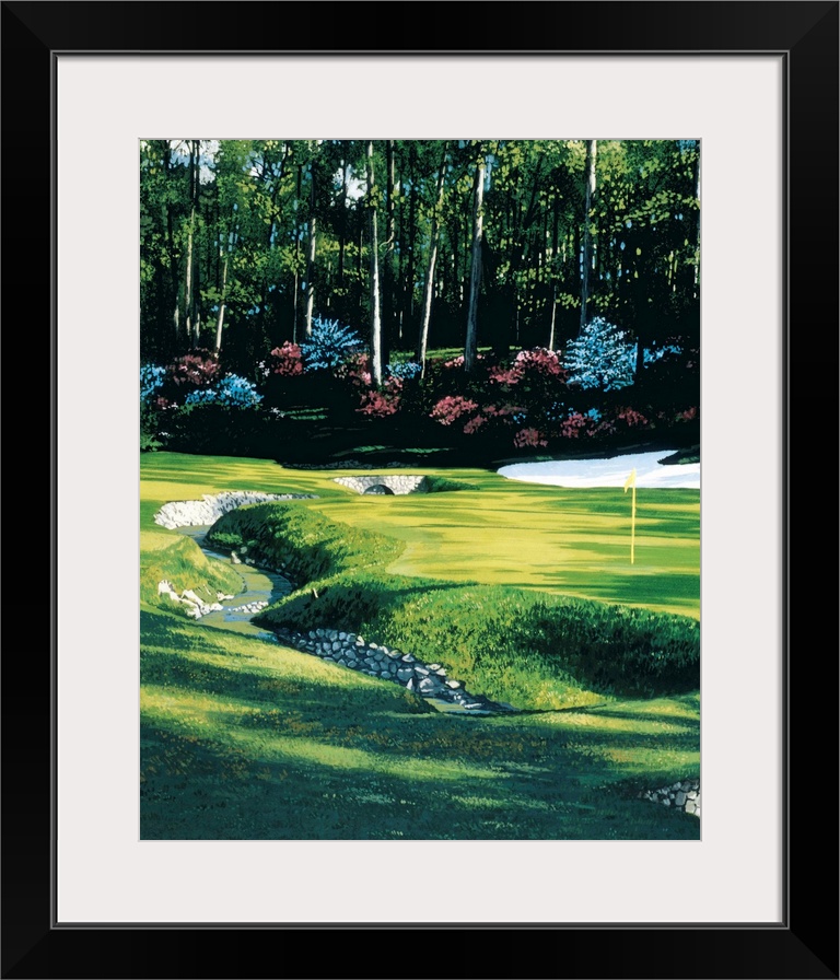 Lifelike painting of stream crossing through a golf course, past the flag towards the forested edge and a tiny stone bridge.
