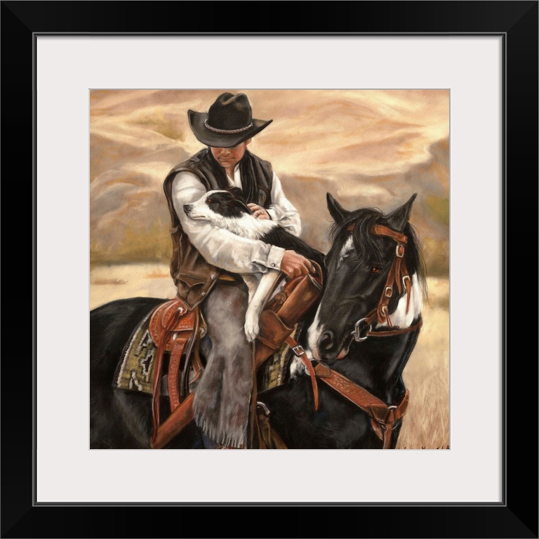 Contemporary artwork of a cowboy on horseback holding a border collie dog in his arms.