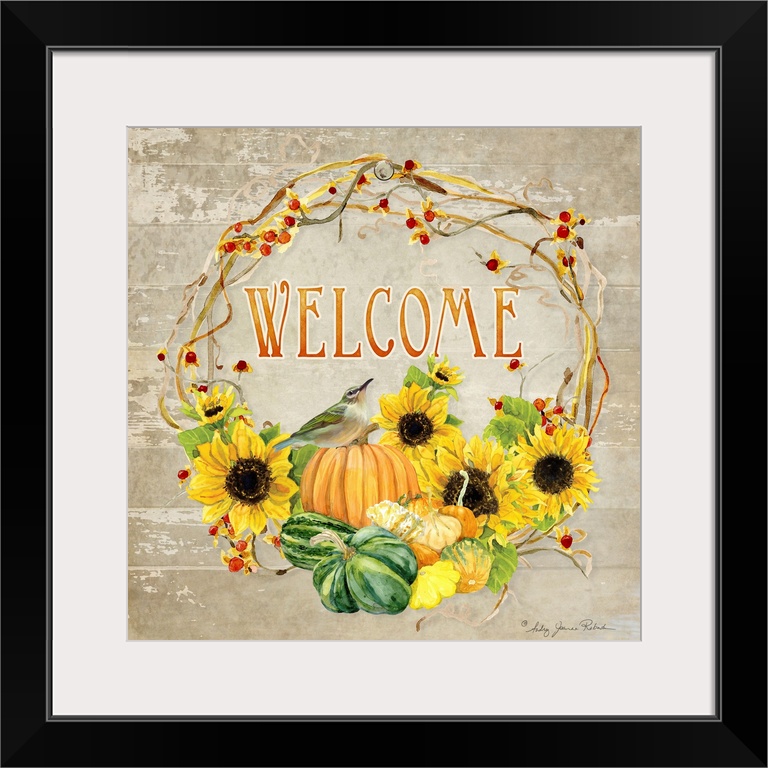 Thanksgiving themed decor of a wreath with sunflowers, squash, and pumpkins.