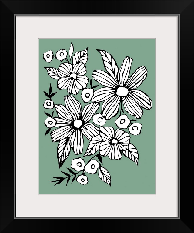 Contemporary artwork of white flowers in a bold black outline against a muted green background.