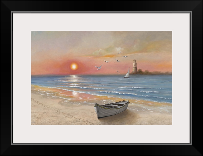 Contemporary painting of a lone boat at the edge of the sea at sunset, with a lighthouse in the distance.