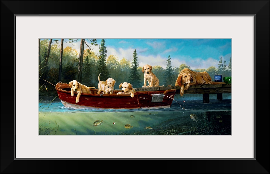 Horizontal artwork on a big wall hanging of a mother dog lying at the edge of a dock, one of her puppies sits next to her,...