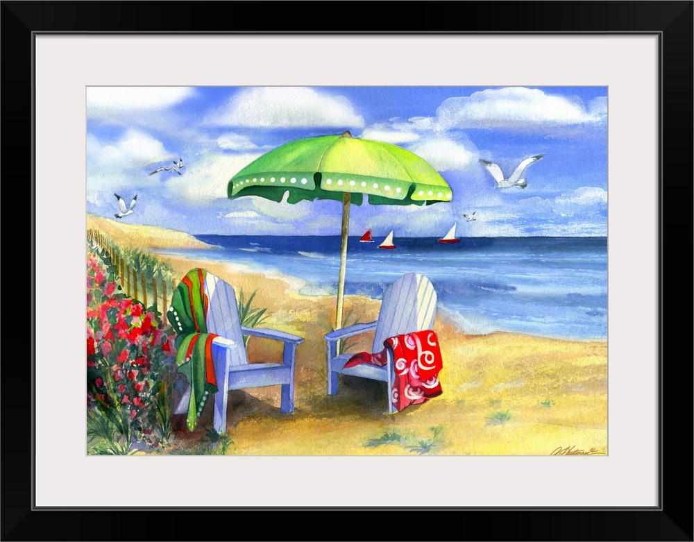 Decorative artwork of two beach chairs sitting on the sand with towels draped over them and an umbrella in between them. S...