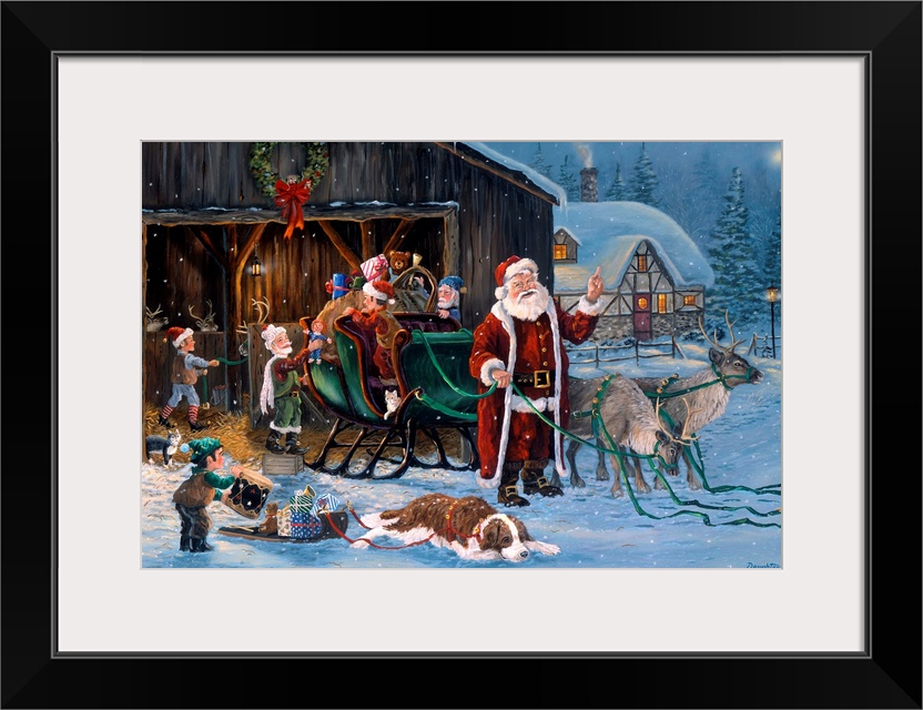 Large, horizontal wall picture of Santa Claus standing in front of his sleigh while elves load it with gifts and remove th...