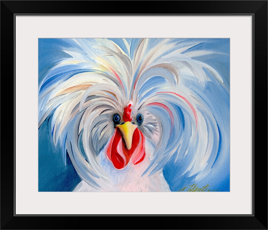 A humorous painting of a rooster with the feathers on top of his sprouting up and out so as to give him a crazy hair style.