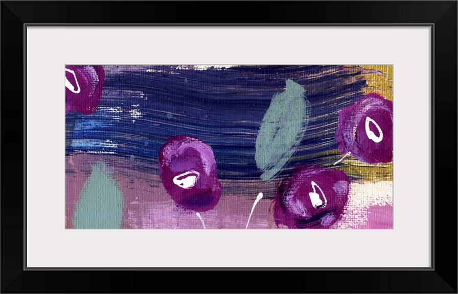 Contemporary vibrant colorful painting using purple and pink tones with flowers and abstract elements.