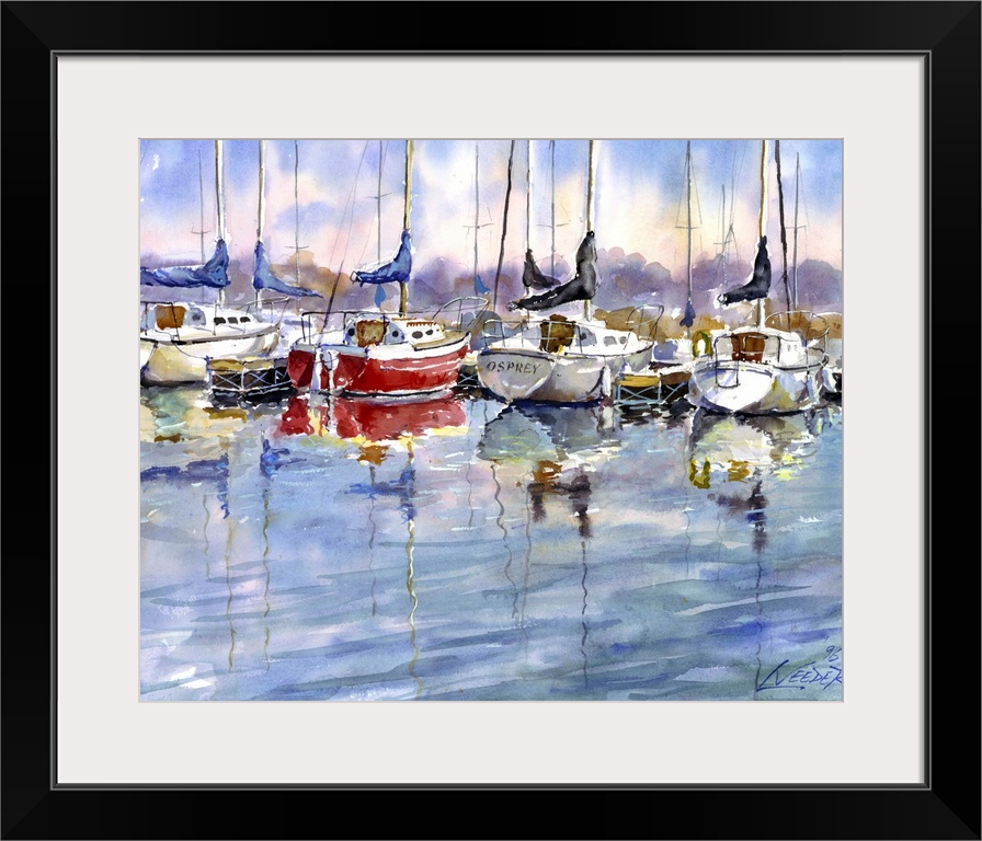 Contemporary piece using water colors to paint sail boats that sit docked at the marina.