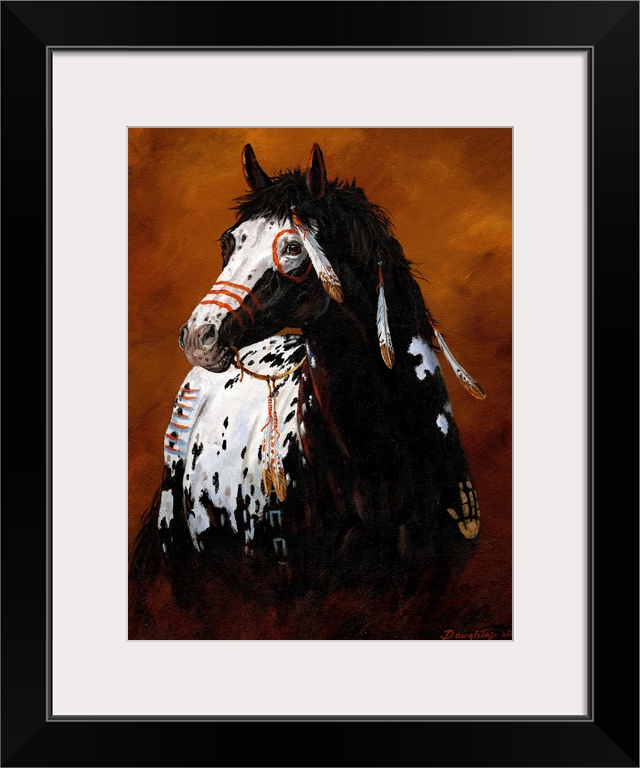 Large painting of a horse decorated with Native American war paint, feathers and handprints.