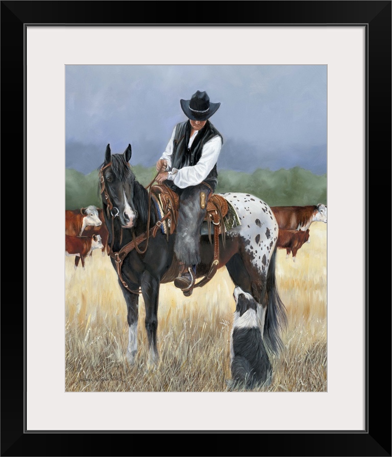 Contemporary painting of a cowboy on horseback looking at a border collie dog.