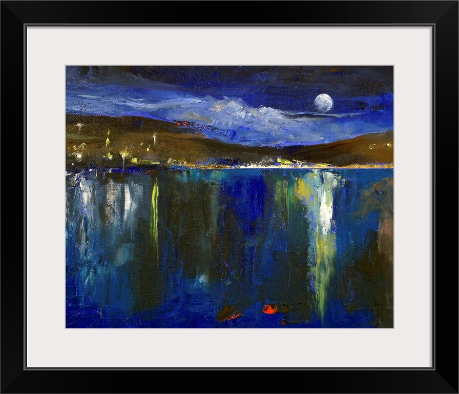 The moon, hillside, and village lights reflect on the still surface of a lake in this contemporary landscape painting.