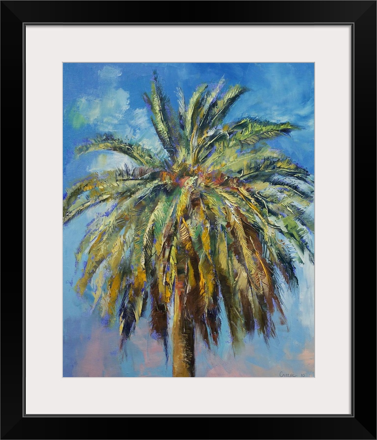 Big, vertical painting of the top of a palm tree against a blue sky.  Painted with thick, rough brushstrokes.