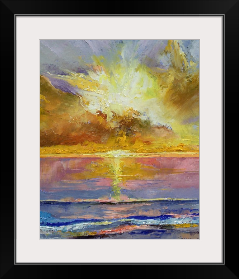 Abstract oil painting of the setting sun over the ocean.  The partly cloud covered sun is reflected in the water below.