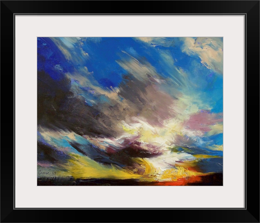 Giclee print of a landscape oil painting with big, bold brush strokes of clouds in the sky.