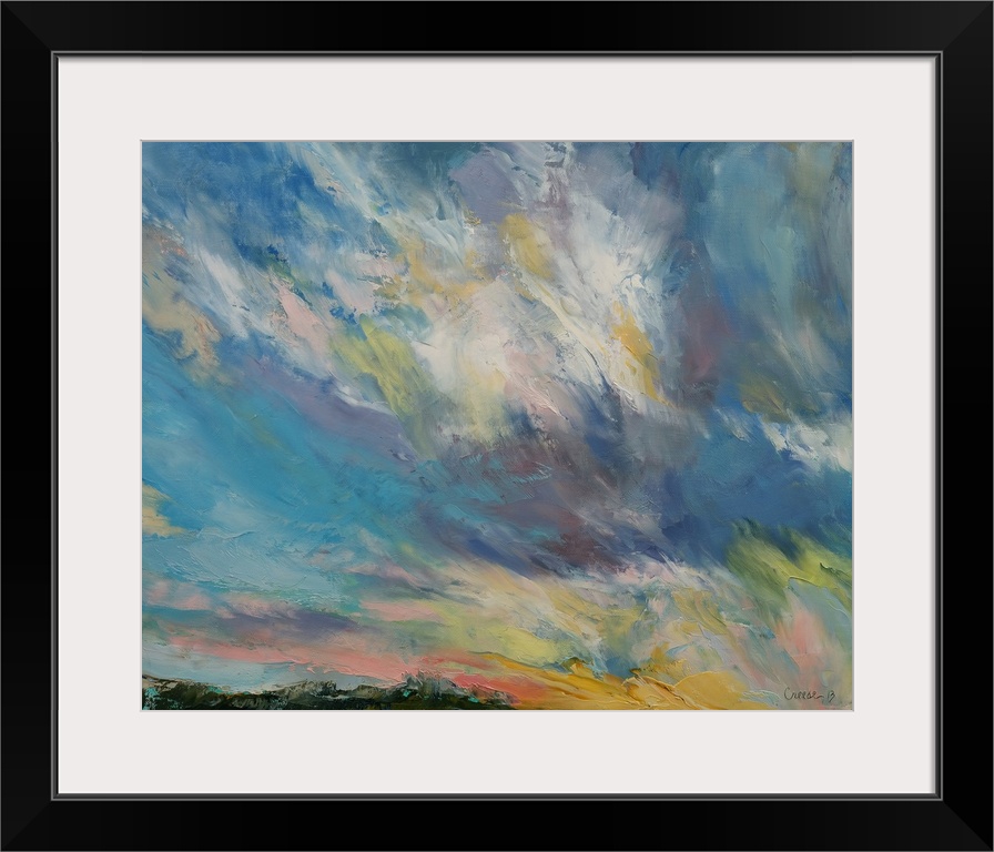 A contemporary painting of a colorful skyscape.