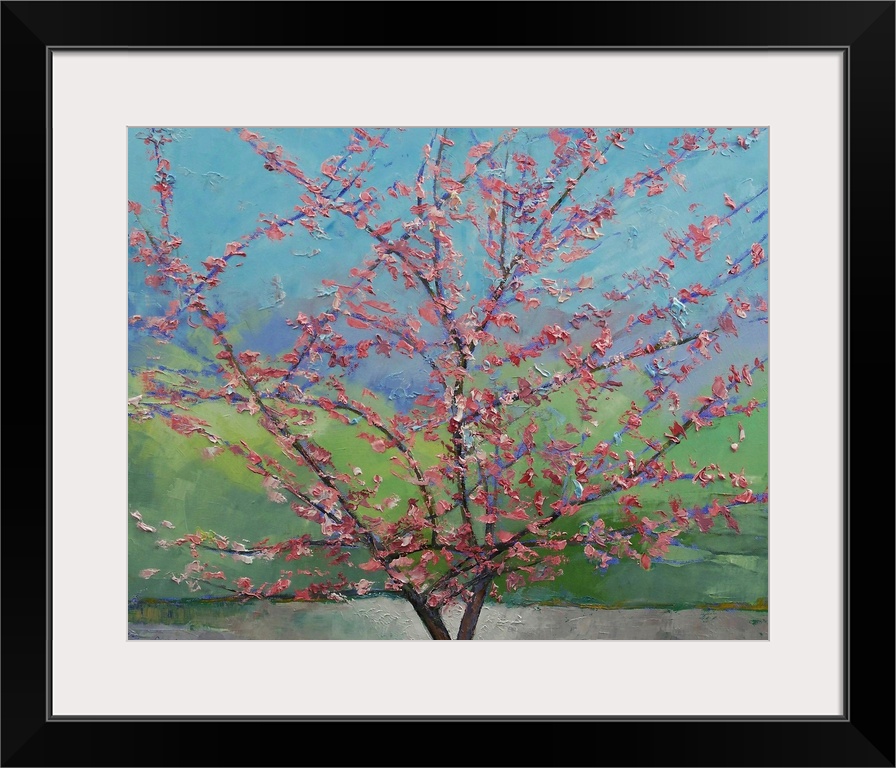 Big floral painting that showcases a close-up of a Eastern Redbud Tree with rough texture.
