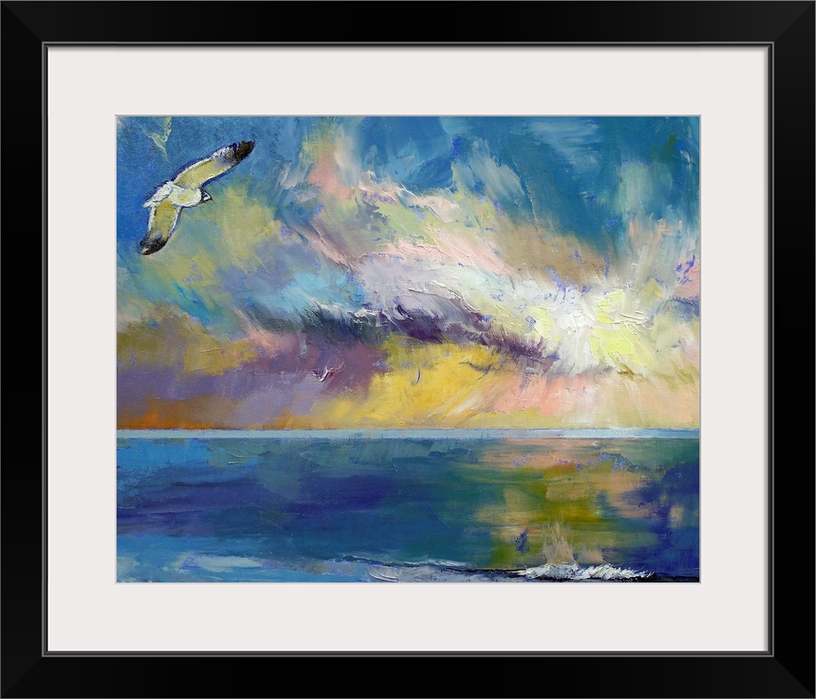 Giclee print of an oil painting depicting a seagull flying through a colorful sky reflecting in the water.