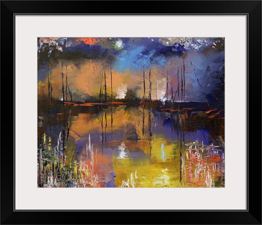 Big canvas art portrays a scene of boats sitting under a night sky as pyrotechnics burst in the background and reflect ove...