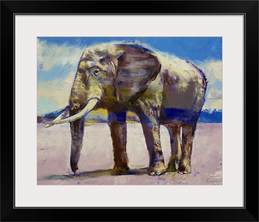 An oil painting of a large elephant standing in an open field with a cloudy sky above.