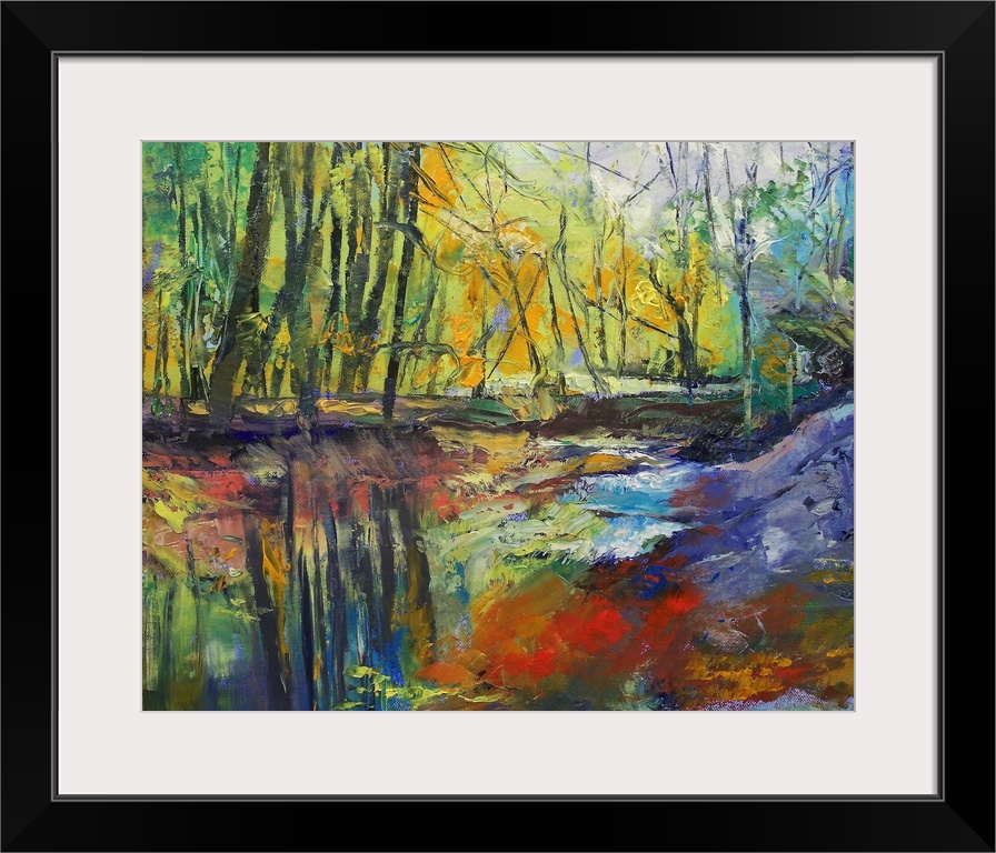 Brightly colored oil painting of a stream running through the forest.  The tall trees and clear sky is reflected in the st...