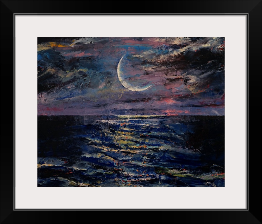 A contemporary painting of a crescent moon above a sea.