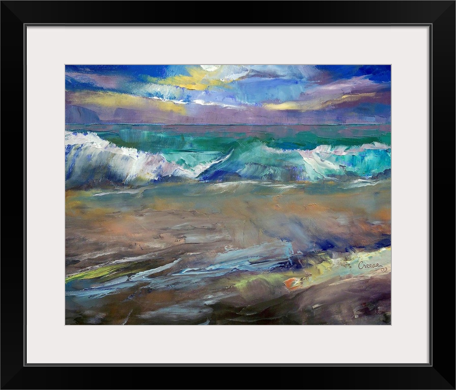 Gicloe print on canvas of a dramatic seascape under the moon of waves on a beach painted using a palette knife.