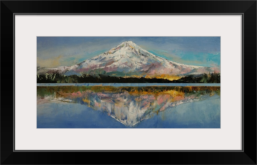 A contemporary painting of Mount Hood reflecting in the lake below it.